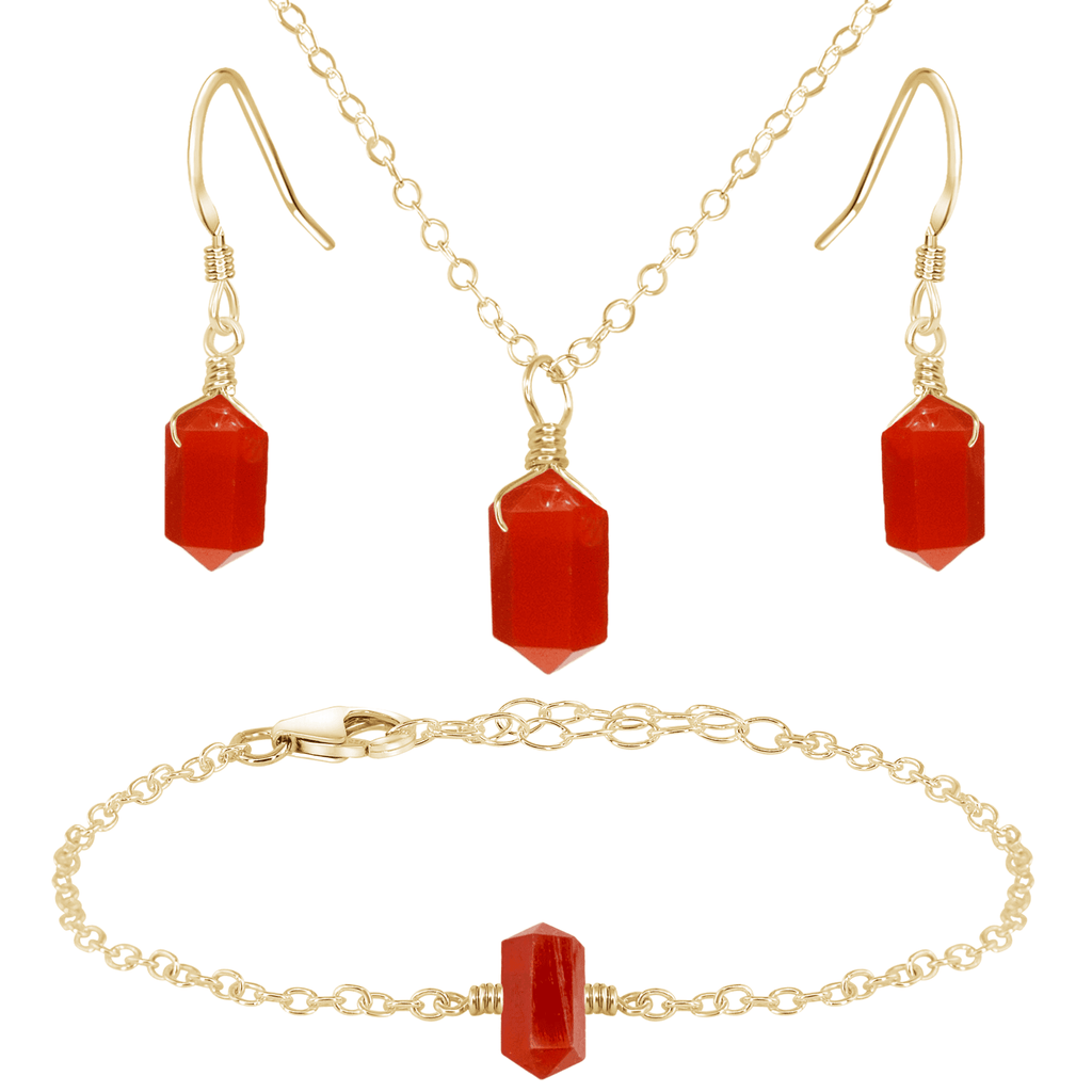 Carnelian Double Terminated Crystal Earrings, Necklace & Bracelet Set - Carnelian Double Terminated Crystal Earrings, Necklace & Bracelet Set - 14k Gold Fill - Luna Tide Handmade Crystal Jewellery