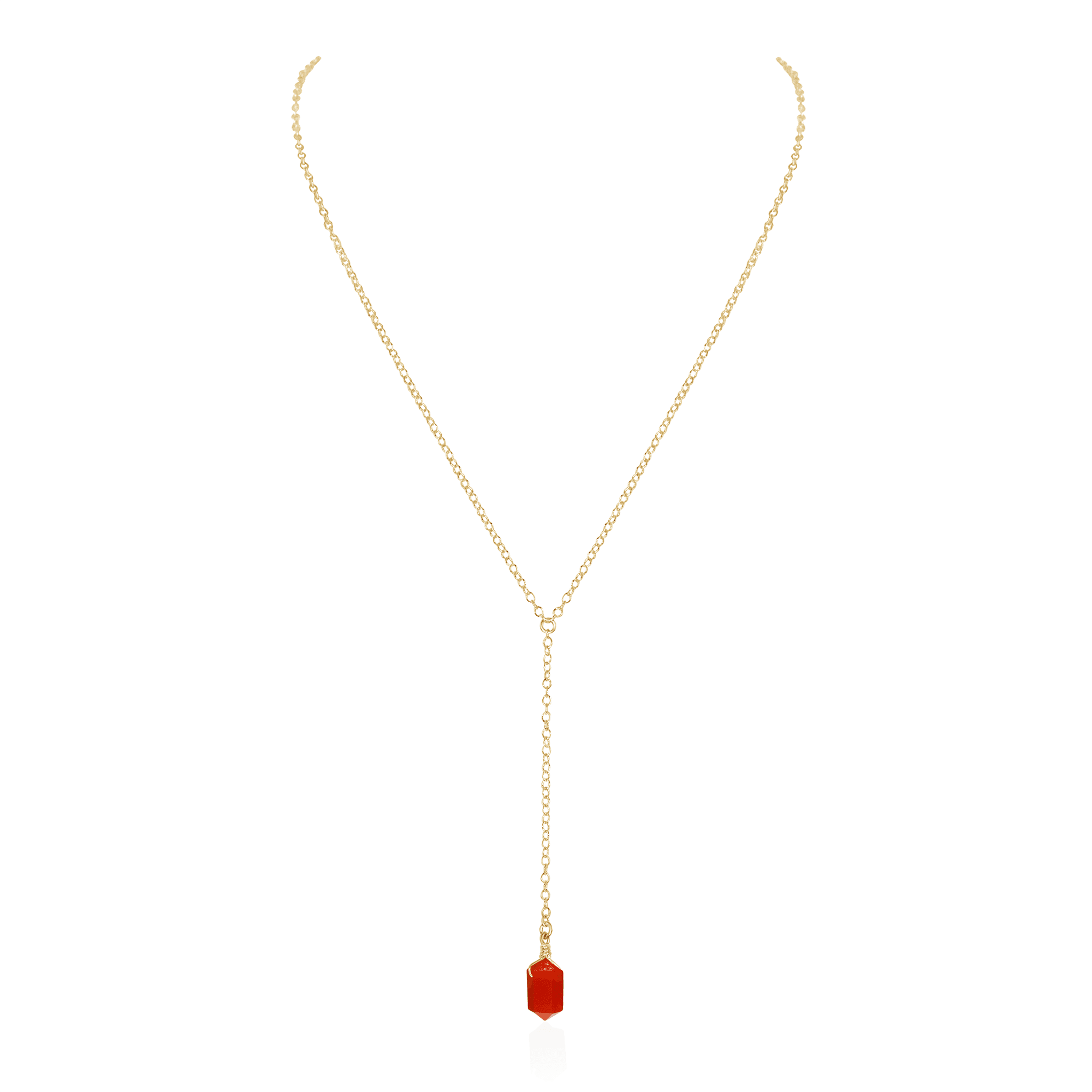 Carnelian Double Terminated Mini Crystal Point Lariat Necklace - Carnelian Double Terminated Mini Crystal Point Lariat Necklace - 14k Gold Fill - Luna Tide Handmade Crystal Jewellery