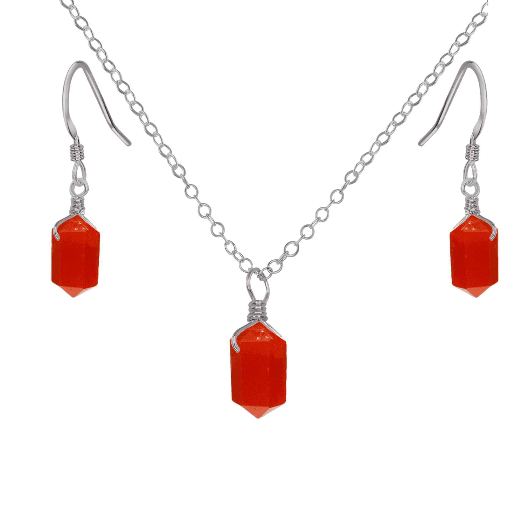 Carnelian Mini Double Terminated Crystal Point Earrings & Necklace Set - Carnelian Mini Double Terminated Crystal Point Earrings & Necklace Set - Stainless Steel - Luna Tide Handmade Crystal Jewellery