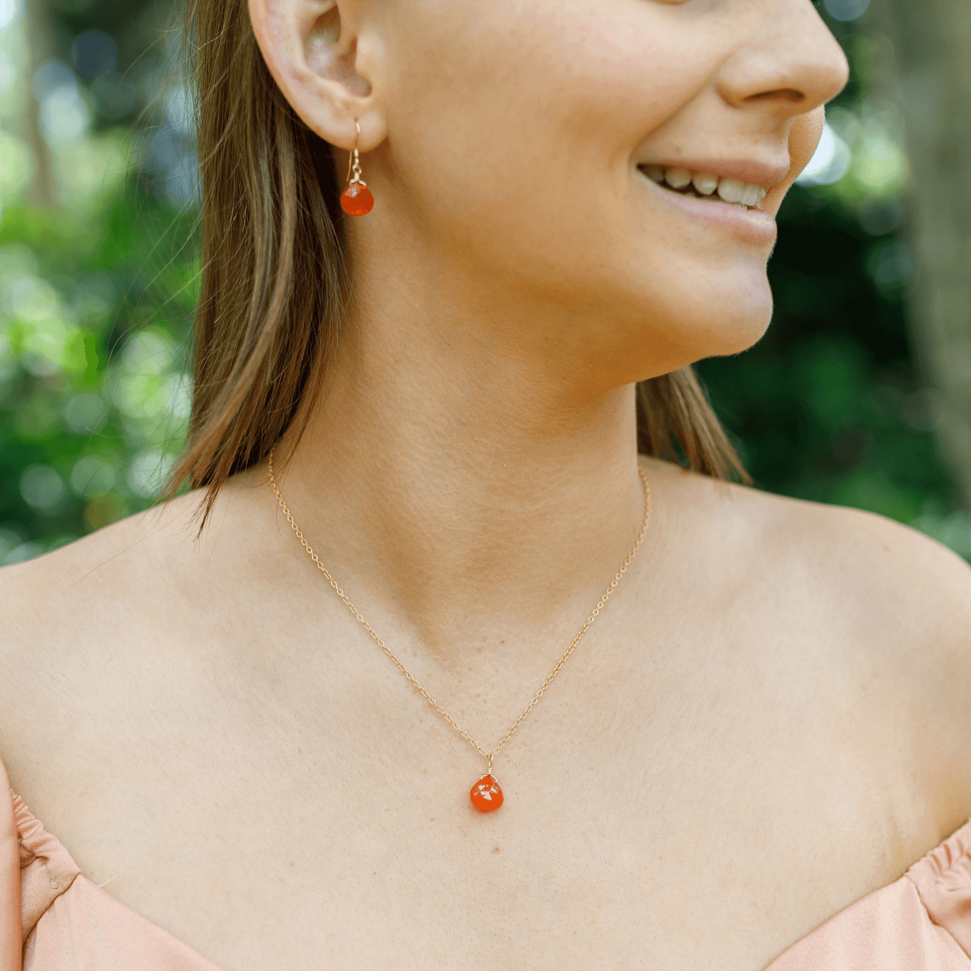 Carnelian Tiny Teardrop Earrings & Necklace Set - Carnelian Tiny Teardrop Earrings & Necklace Set - 14k Gold Fill / Cable - Luna Tide Handmade Crystal Jewellery