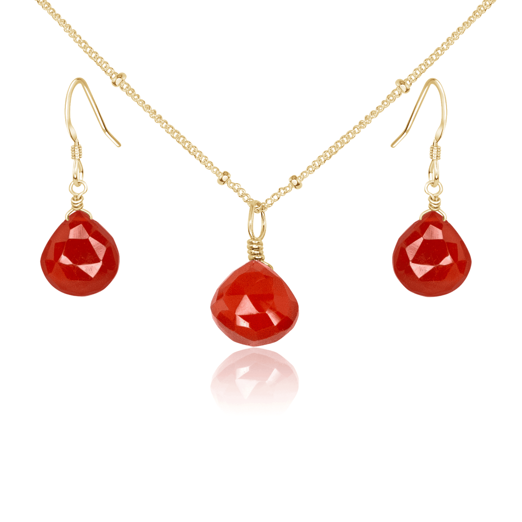Carnelian Tiny Teardrop Earrings & Necklace Set - Carnelian Tiny Teardrop Earrings & Necklace Set - 14k Gold Fill / Satellite - Luna Tide Handmade Crystal Jewellery