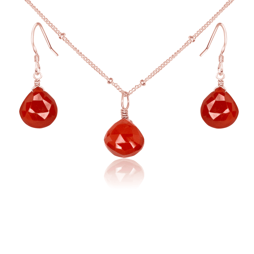 Carnelian Tiny Teardrop Earrings & Necklace Set - Carnelian Tiny Teardrop Earrings & Necklace Set - 14k Rose Gold Fill / Satellite - Luna Tide Handmade Crystal Jewellery
