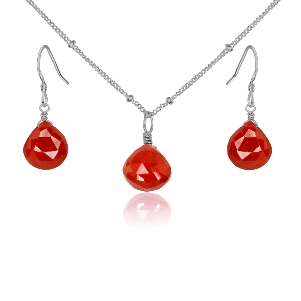 Carnelian Tiny Teardrop Earrings & Necklace Set - Carnelian Tiny Teardrop Earrings & Necklace Set - Stainless Steel / Satellite - Luna Tide Handmade Crystal Jewellery