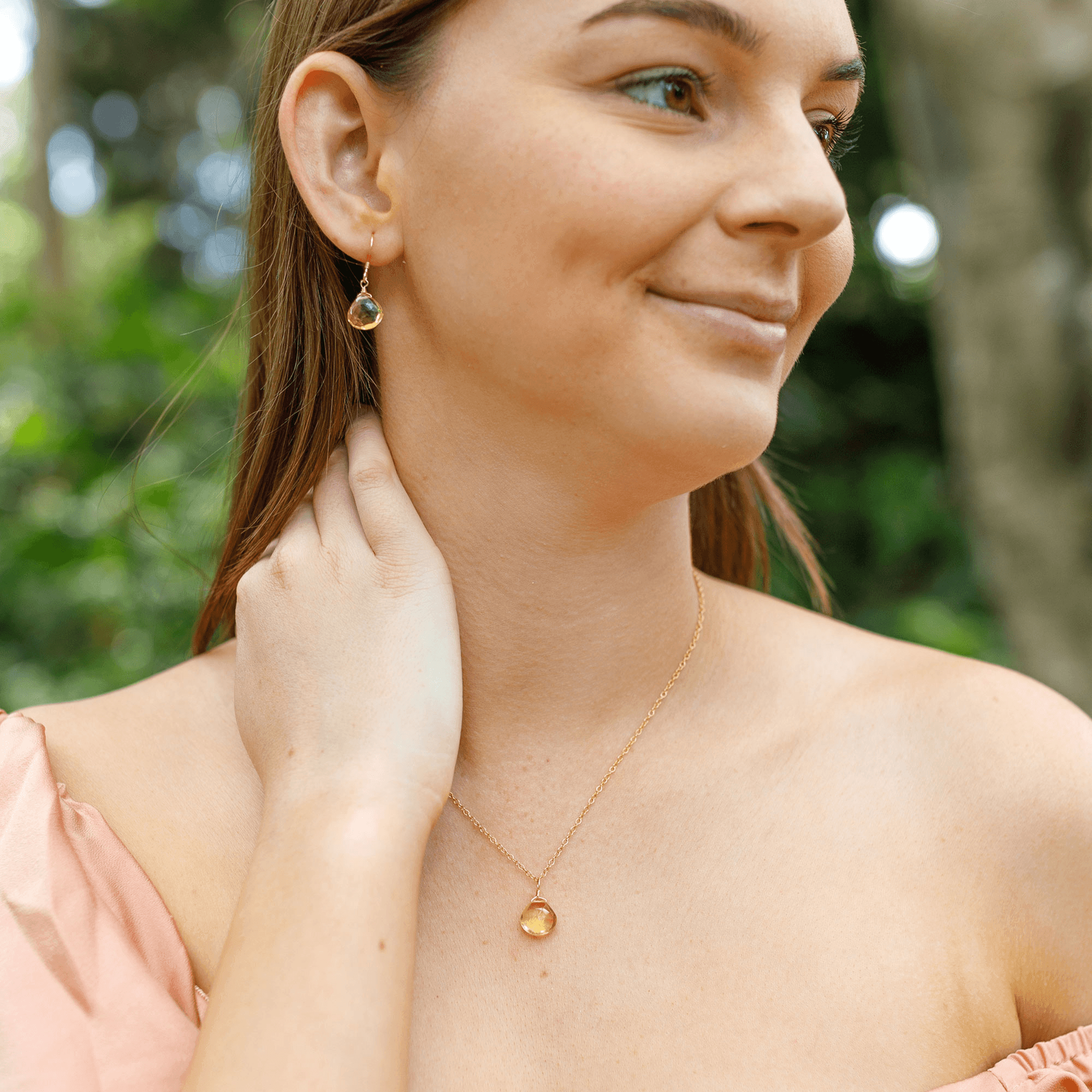 Citrine Tiny Teardrop Earrings & Necklace Set - Citrine Tiny Teardrop Earrings & Necklace Set - 14k Gold Fill / Cable - Luna Tide Handmade Crystal Jewellery