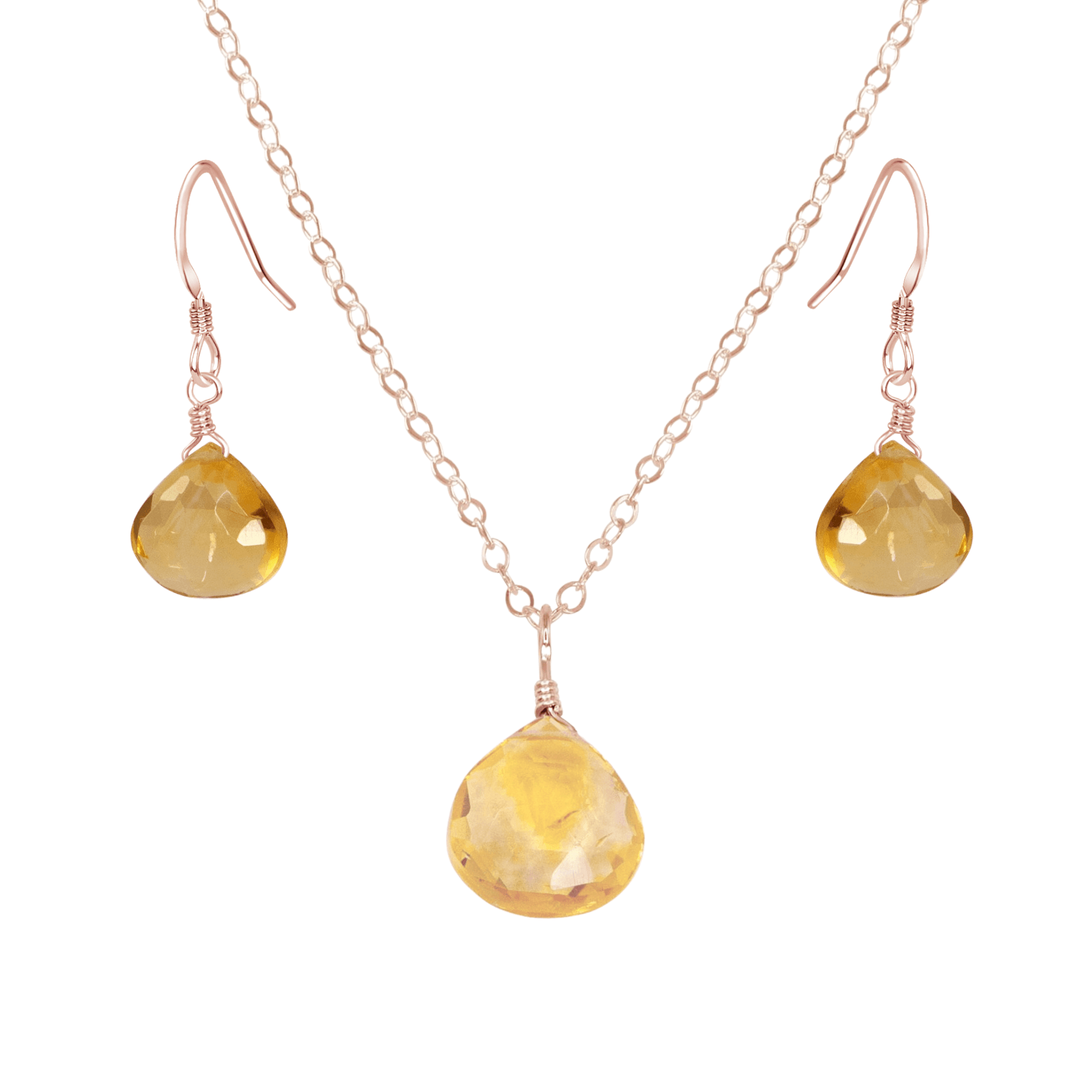 Citrine Tiny Teardrop Earrings & Necklace Set - Citrine Tiny Teardrop Earrings & Necklace Set - 14k Rose Gold Fill / Cable - Luna Tide Handmade Crystal Jewellery