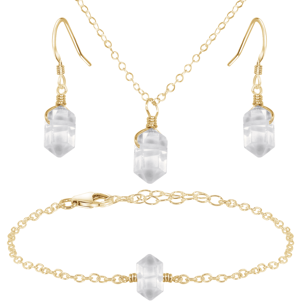 Crystal Quartz Double Terminated Earrings, Necklace & Bracelet Set - Crystal Quartz Double Terminated Earrings, Necklace & Bracelet Set - 14k Gold Fill - Luna Tide Handmade Crystal Jewellery
