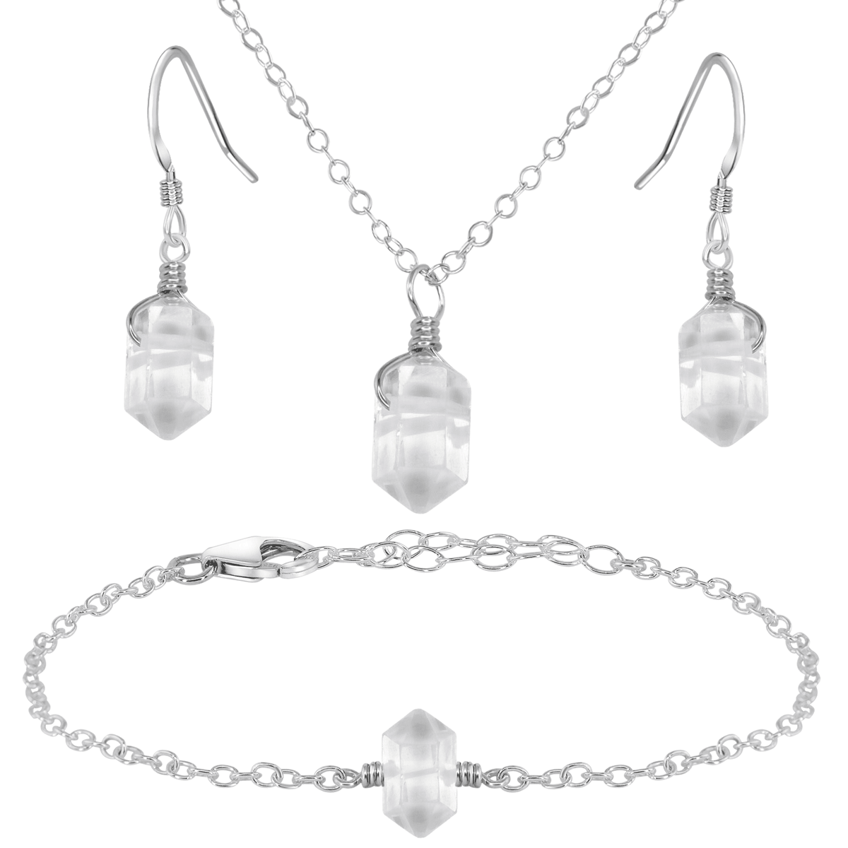 Crystal Quartz Double Terminated Earrings, Necklace & Bracelet Set - Crystal Quartz Double Terminated Earrings, Necklace & Bracelet Set - Sterling Silver - Luna Tide Handmade Crystal Jewellery