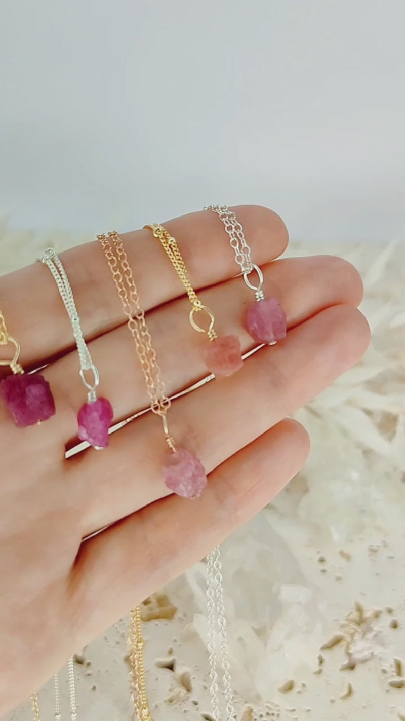 Raw Pink Tourmaline Natural Crystal Pendant Necklace