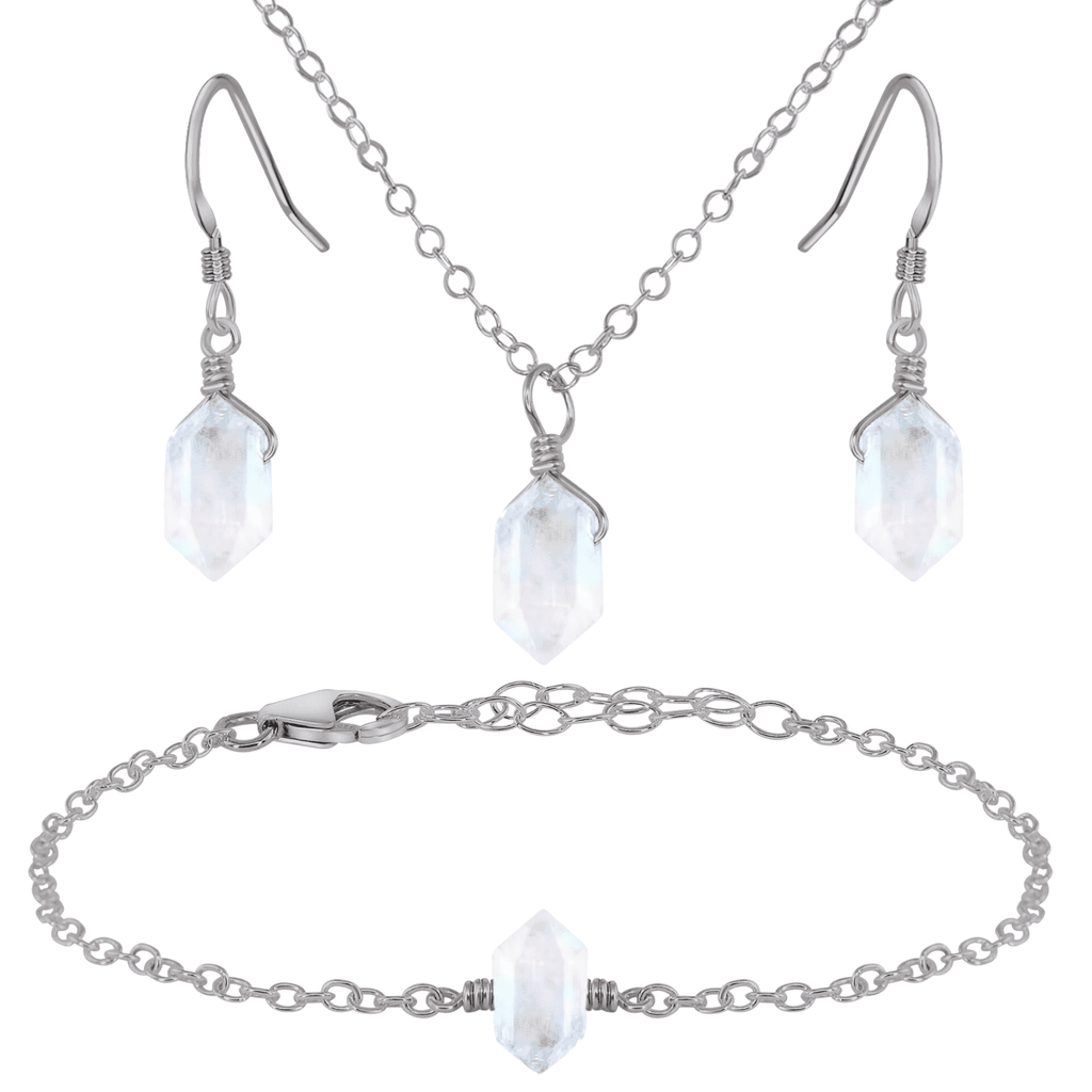 Rainbow Moonstone Double Terminated Crystal Earrings, Necklace & Bracelet Set - Rainbow Moonstone Double Terminated Crystal Earrings, Necklace & Bracelet Set - Stainless Steel - Luna Tide Handmade Crystal Jewellery