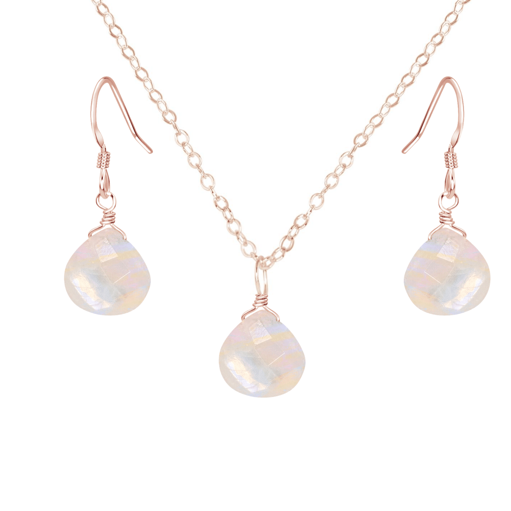 Rainbow Moonstone Tiny Teardrop Earrings & Necklace Set - Rainbow Moonstone Tiny Teardrop Earrings & Necklace Set - 14k Rose Gold Fill / Cable - Luna Tide Handmade Crystal Jewellery