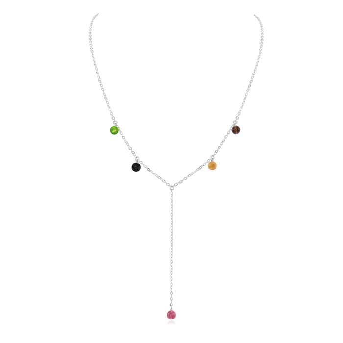 Rainbow Tourmaline Boho Lariat Necklace - Rainbow Tourmaline Boho Lariat Necklace - Sterling Silver - Luna Tide Handmade Crystal Jewellery