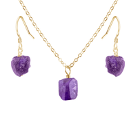 Raw Amethyst Crystal Earrings & Necklace Set - Raw Amethyst Crystal Earrings & Necklace Set - 14k Gold Fill - Luna Tide Handmade Crystal Jewellery
