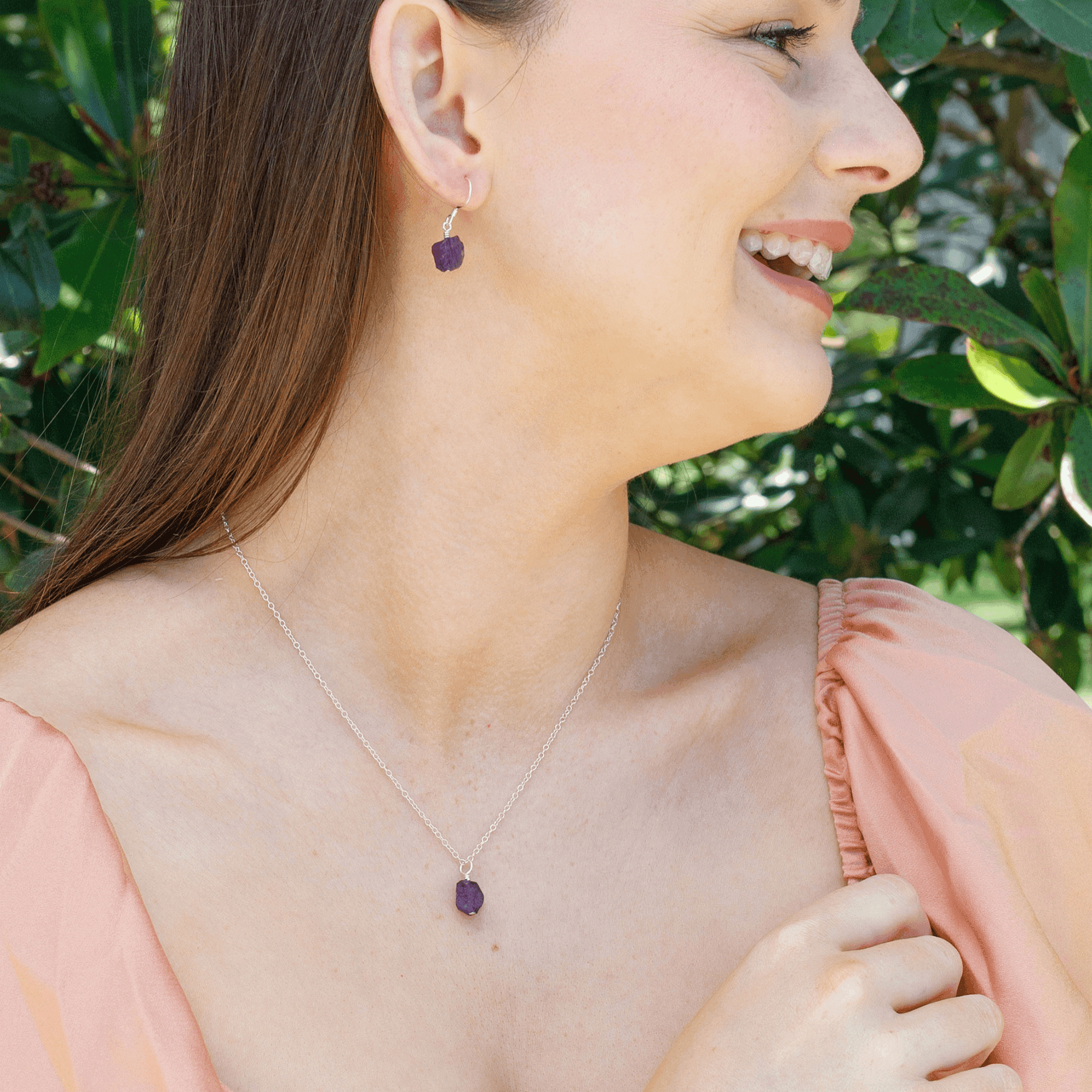 Raw Amethyst Crystal Earrings & Necklace Set - Raw Amethyst Crystal Earrings & Necklace Set - Sterling Silver / Cable - Luna Tide Handmade Crystal Jewellery