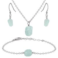Raw Aquamarine Crystal Earrings, Necklace & Bracelet Set - Raw Aquamarine Crystal Earrings, Necklace & Bracelet Set - Stainless Steel - Luna Tide Handmade Crystal Jewellery