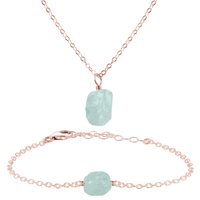 Raw Aquamarine Crystal Necklace & Bracelet Set - Raw Aquamarine Crystal Necklace & Bracelet Set - 14k Rose Gold Fill - Luna Tide Handmade Crystal Jewellery