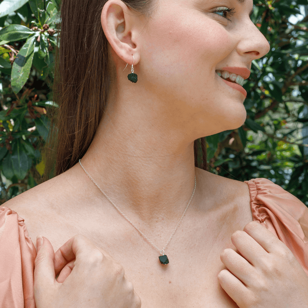 Raw Black Tourmaline Crystal Earrings & Necklace Set - Raw Black Tourmaline Crystal Earrings & Necklace Set - Sterling Silver / Cable - Luna Tide Handmade Crystal Jewellery