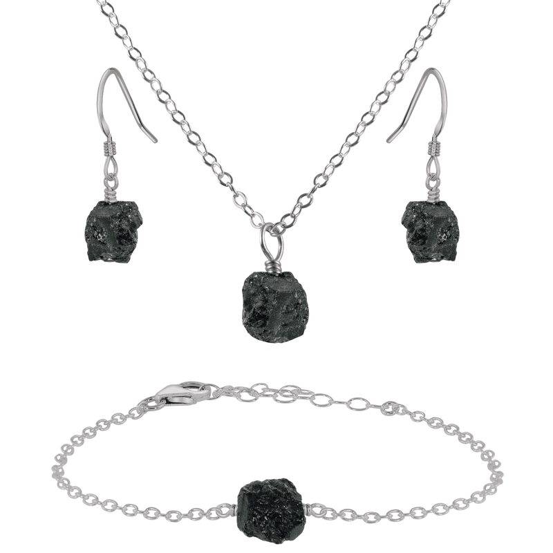 Raw Black Tourmaline Crystal Earrings, Necklace & Bracelet Set - Raw Black Tourmaline Crystal Earrings, Necklace & Bracelet Set - Stainless Steel - Luna Tide Handmade Crystal Jewellery