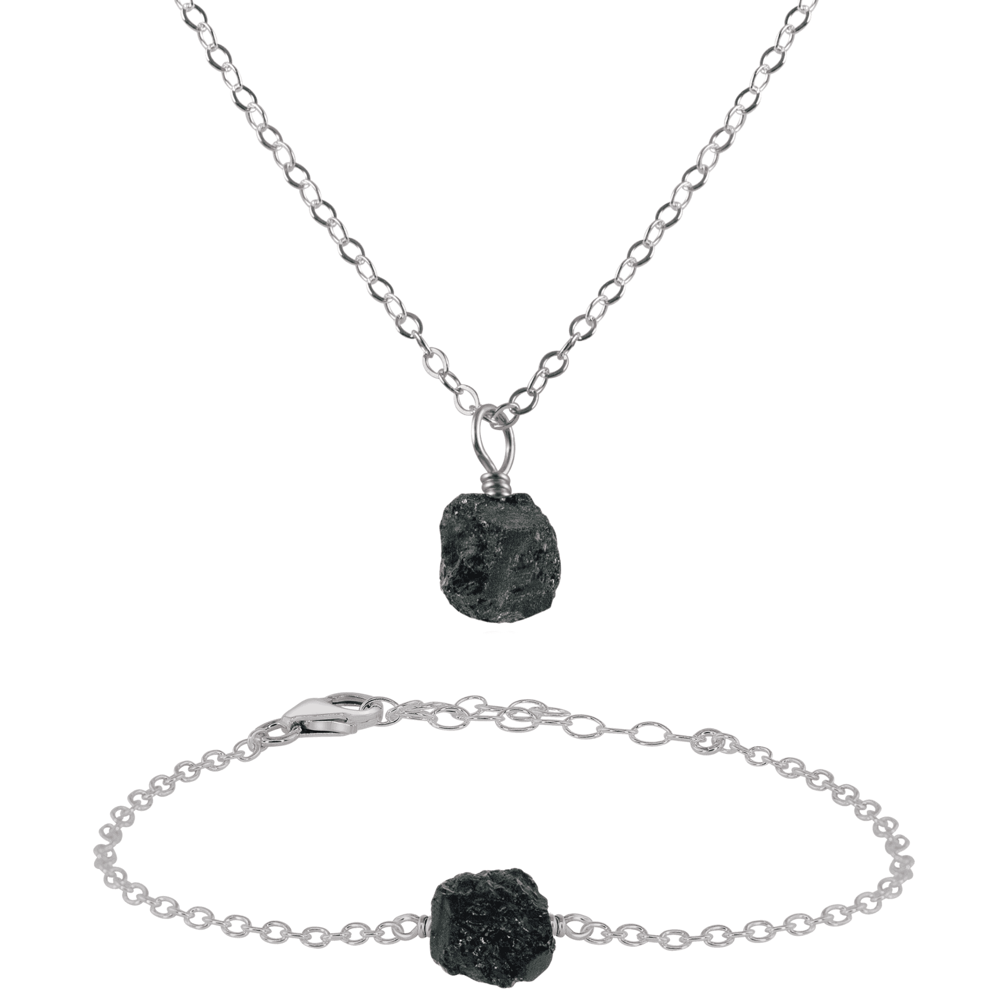 Raw Black Tourmaline Crystal Necklace & Bracelet Set - Raw Black Tourmaline Crystal Necklace & Bracelet Set - Stainless Steel - Luna Tide Handmade Crystal Jewellery