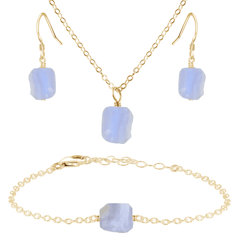 Raw Blue Lace Agate Crystal Earrings, Necklace & Bracelet Set - Raw Blue Lace Agate Crystal Earrings, Necklace & Bracelet Set - 14k Gold Fill - Luna Tide Handmade Crystal Jewellery