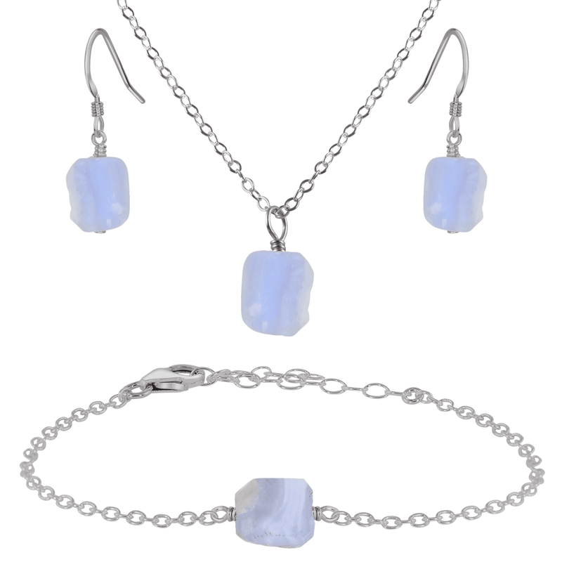 Raw Blue Lace Agate Crystal Earrings, Necklace & Bracelet Set - Raw Blue Lace Agate Crystal Earrings, Necklace & Bracelet Set - Stainless Steel - Luna Tide Handmade Crystal Jewellery