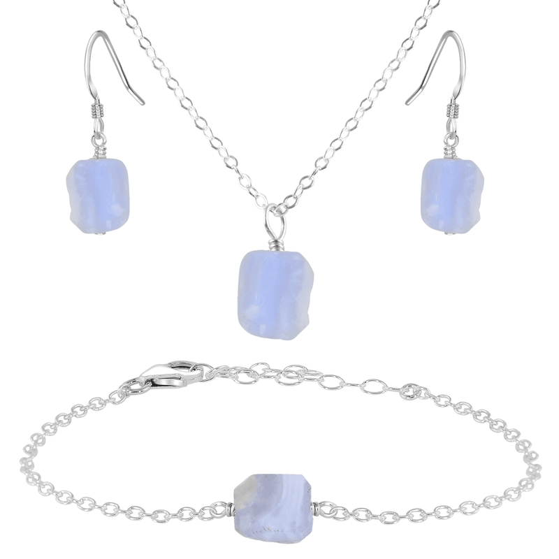 Raw Blue Lace Agate Crystal Earrings, Necklace & Bracelet Set - Raw Blue Lace Agate Crystal Earrings, Necklace & Bracelet Set - Sterling Silver - Luna Tide Handmade Crystal Jewellery