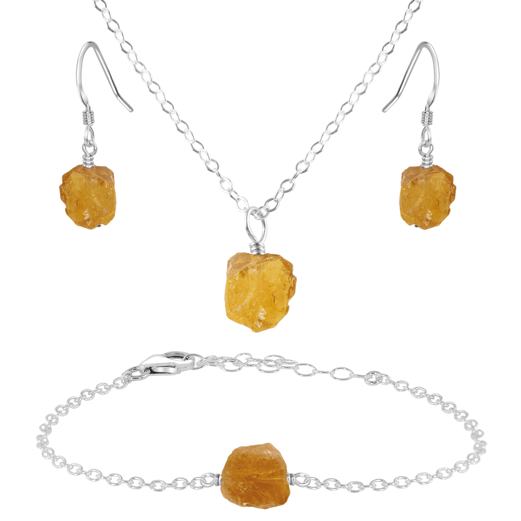 Raw Citrine Crystal Earrings, Necklace & Bracelet Set - Raw Citrine Crystal Earrings, Necklace & Bracelet Set - Sterling Silver - Luna Tide Handmade Crystal Jewellery