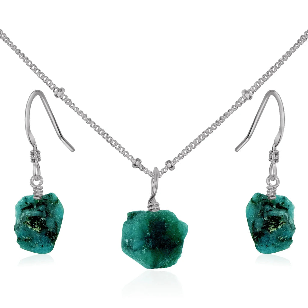 Raw Emerald Crystal Jewellery Set - Raw Emerald Crystal Jewellery Set - Stainless Steel / Satellite / Necklace & Earrings - Luna Tide Handmade Crystal Jewellery