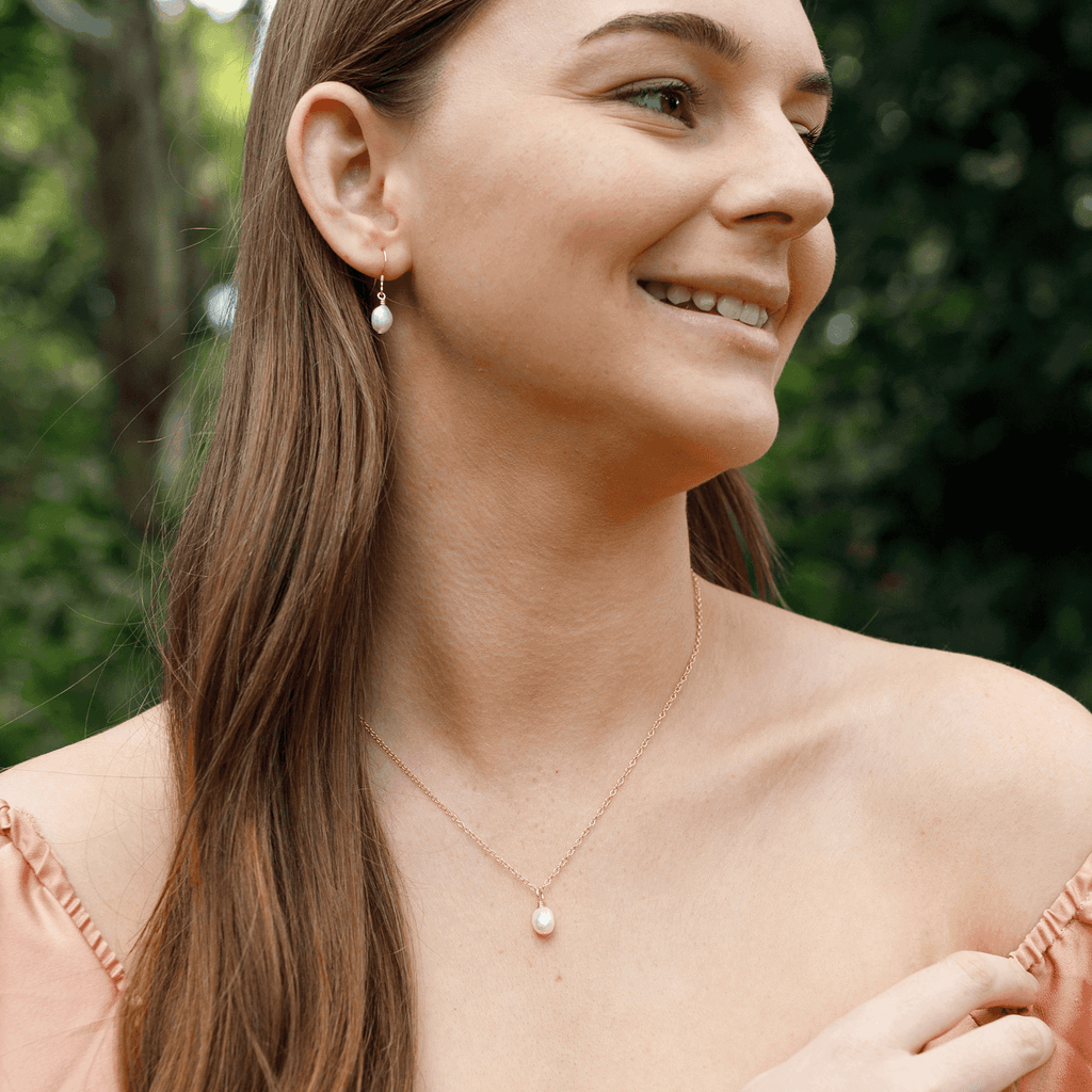 Raw Freshwater Pearl Crystal Earrings & Necklace Set - Raw Freshwater Pearl Crystal Earrings & Necklace Set - 14k Gold Fill / Cable - Luna Tide Handmade Crystal Jewellery