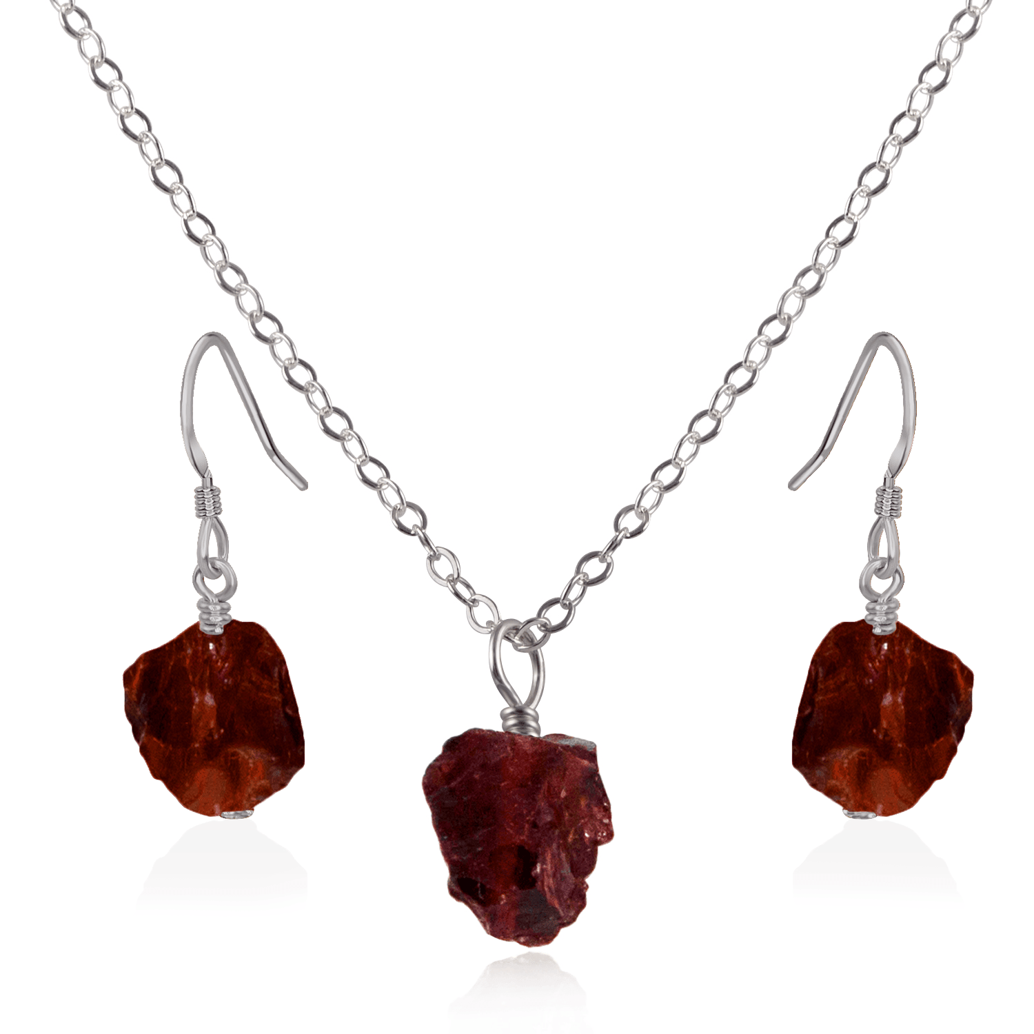 Raw Garnet Crystal Jewellery Set - Raw Garnet Crystal Jewellery Set - Stainless Steel / Cable / Necklace & Earrings - Luna Tide Handmade Crystal Jewellery