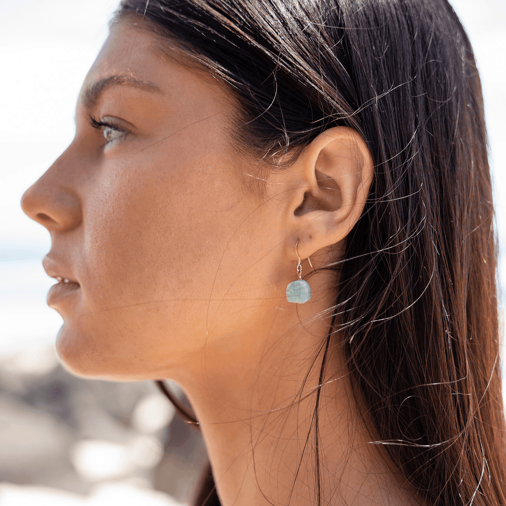 Raw Green Amazonite Crystal Dangle Drop Earrings - Raw Green Amazonite Crystal Dangle Drop Earrings - 14k Gold Fill - Luna Tide Handmade Crystal Jewellery