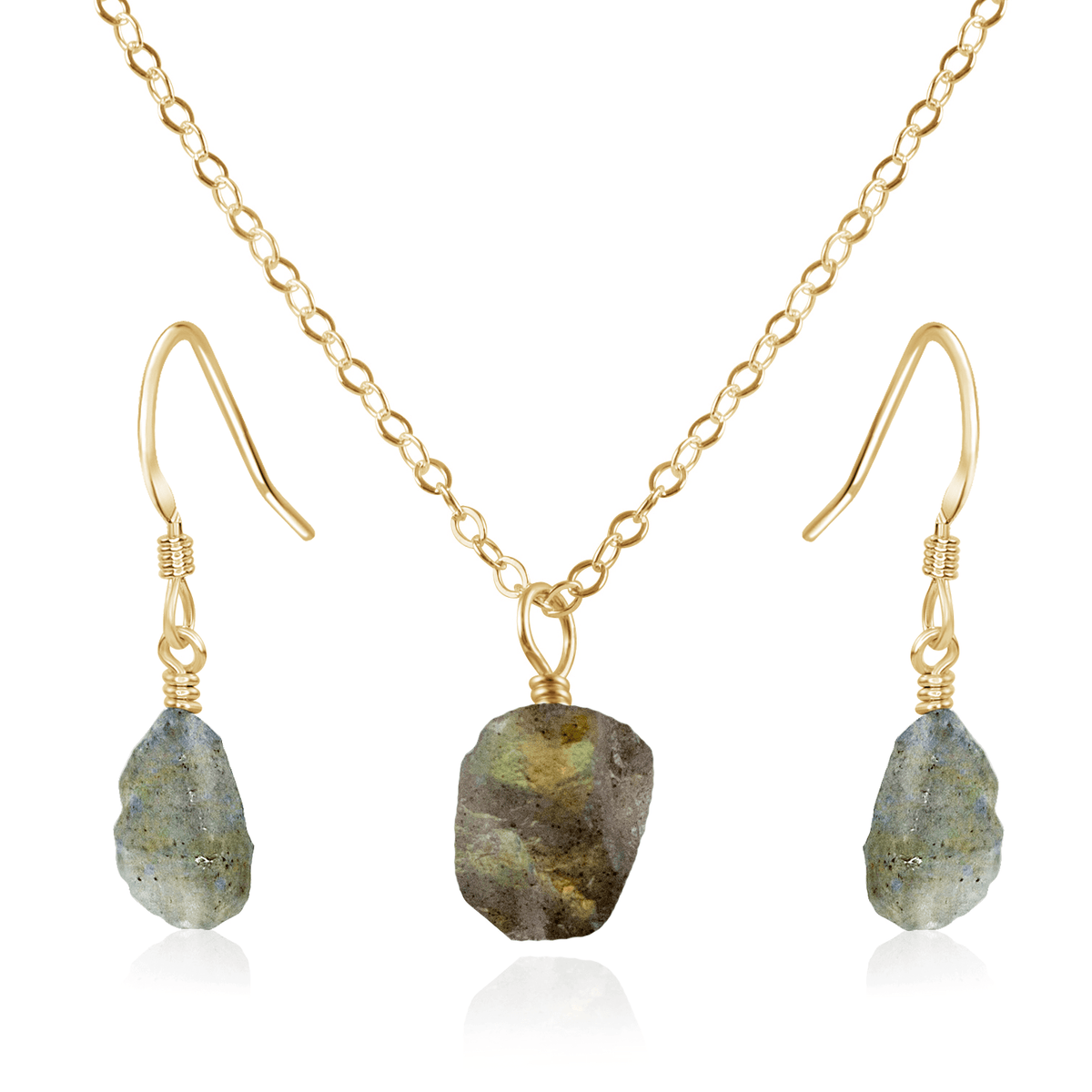 Raw Labradorite Crystal Earrings & Necklace Set - Raw Labradorite Crystal Earrings & Necklace Set - 14k Gold Fill / Cable - Luna Tide Handmade Crystal Jewellery