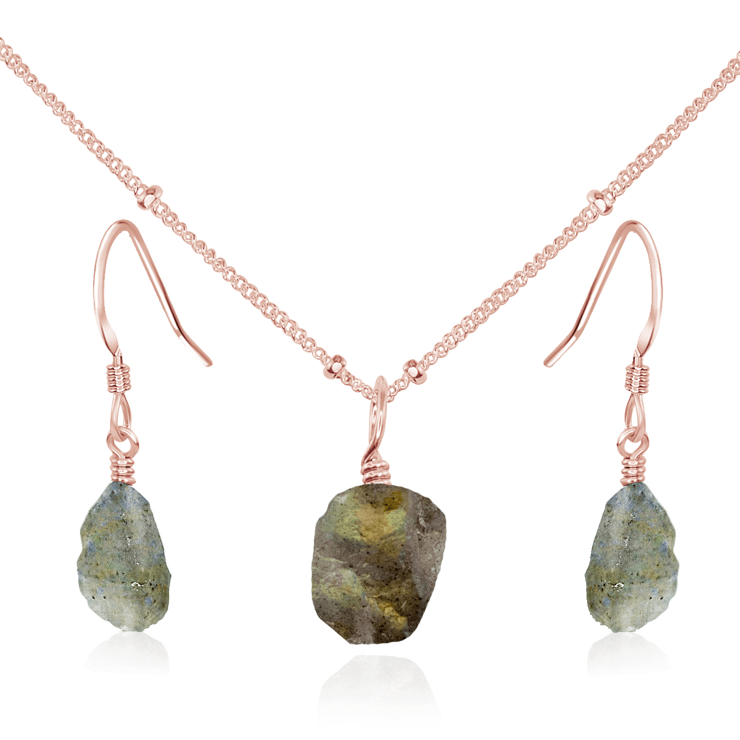 Raw Labradorite Crystal Jewellery Set - Raw Labradorite Crystal Jewellery Set - 14k Rose Gold Fill / Satellite / Necklace & Earrings - Luna Tide Handmade Crystal Jewellery