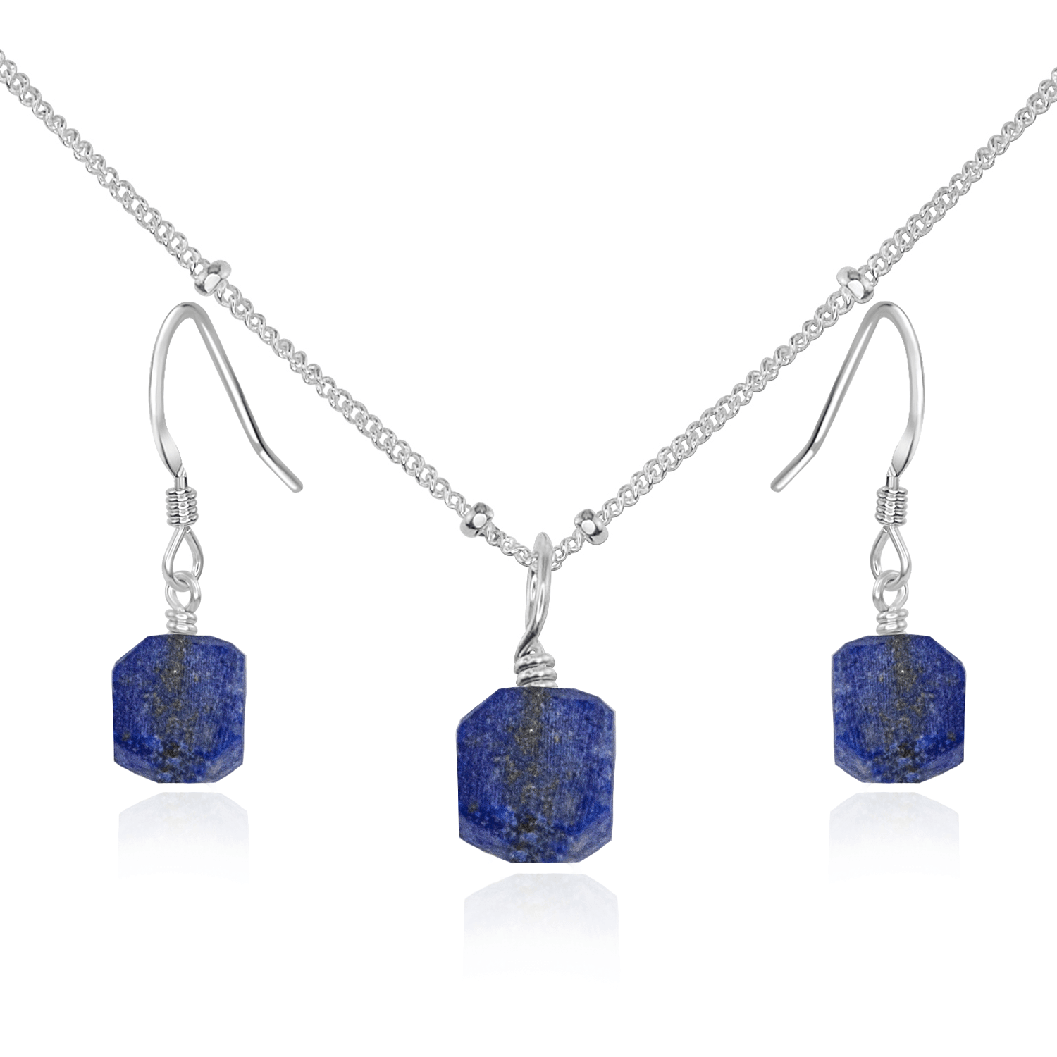 Raw Lapis Lazuli Crystal Jewellery Set - Raw Lapis Lazuli Crystal Jewellery Set - Sterling Silver / Satellite / Necklace & Earrings - Luna Tide Handmade Crystal Jewellery