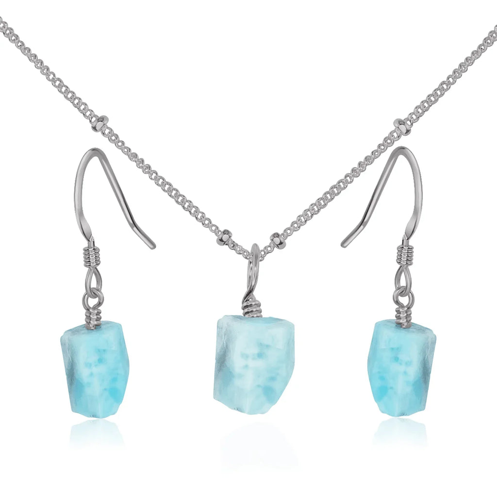Raw Larimar Crystal Jewellery Set - Raw Larimar Crystal Jewellery Set - Stainless Steel / Satellite / Necklace & Earrings - Luna Tide Handmade Crystal Jewellery