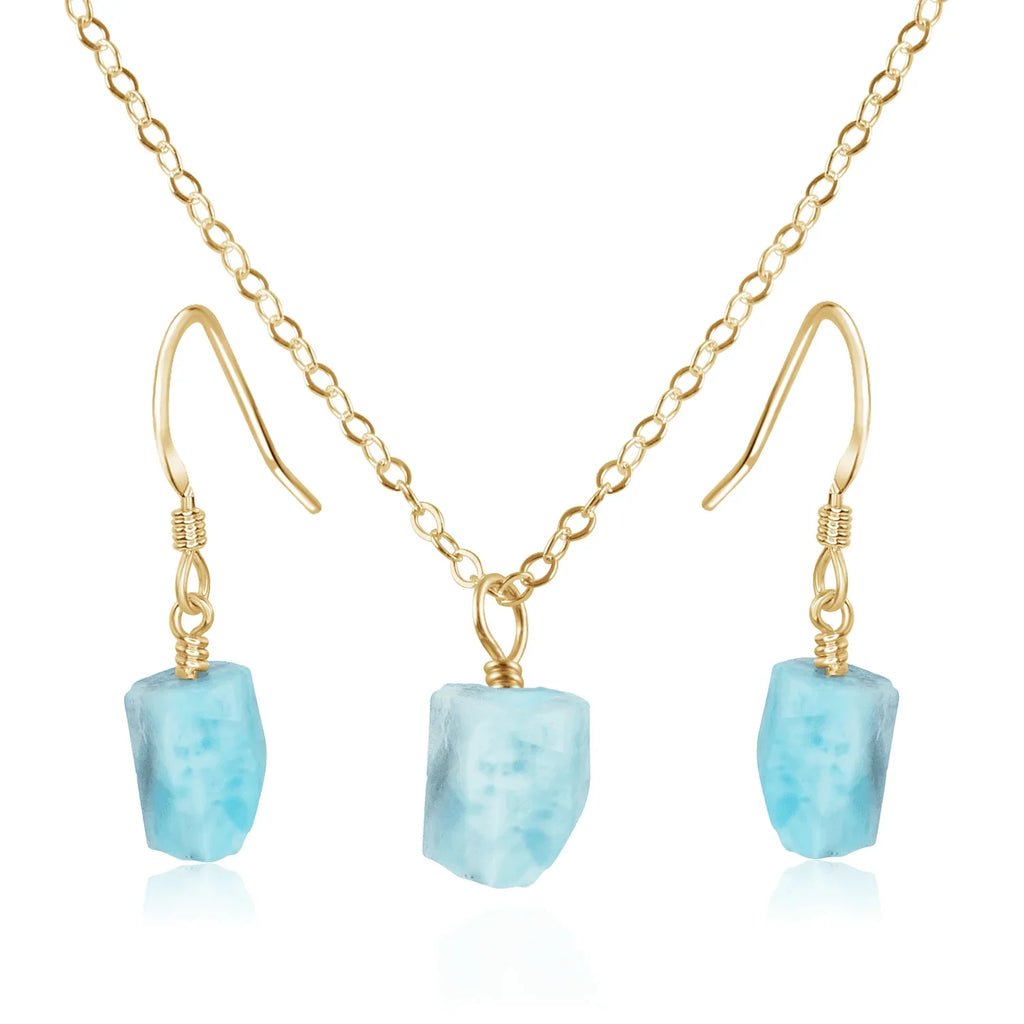 Raw Larimar Crystal Jewellery Set - Raw Larimar Crystal Jewellery Set - 14k Gold Fill / Cable / Necklace & Earrings - Luna Tide Handmade Crystal Jewellery