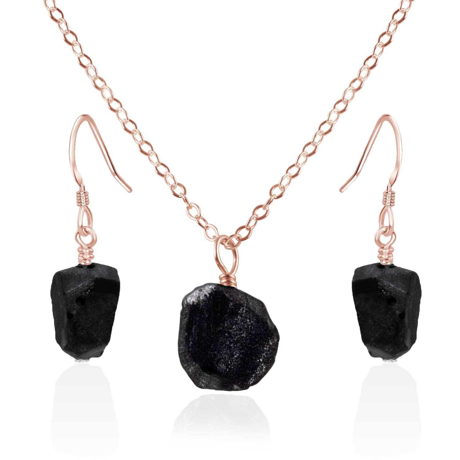Raw Obsidian Crystal Jewellery Set - Raw Obsidian Crystal Jewellery Set - 14k Rose Gold Fill / Cable / Necklace & Earrings - Luna Tide Handmade Crystal Jewellery