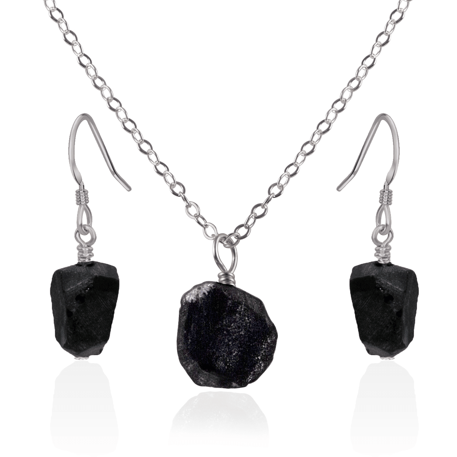 Raw Obsidian Crystal Jewellery Set - Raw Obsidian Crystal Jewellery Set - Stainless Steel / Cable / Necklace & Earrings - Luna Tide Handmade Crystal Jewellery