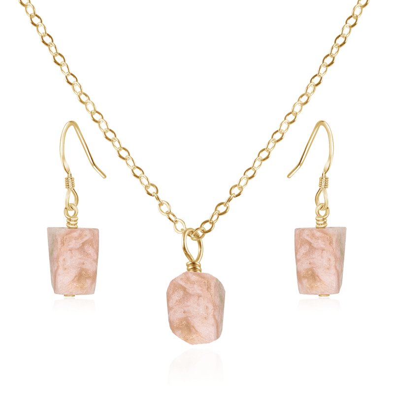Raw Pink Peruvian Opal Crystal Earrings & Necklace Set - Raw Pink Peruvian Opal Crystal Earrings & Necklace Set - 14k Gold Fill / Cable - Luna Tide Handmade Crystal Jewellery