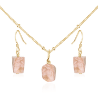 Raw Pink Peruvian Opal Crystal Earrings & Necklace Set - Raw Pink Peruvian Opal Crystal Earrings & Necklace Set - 14k Gold Fill / Satellite - Luna Tide Handmade Crystal Jewellery