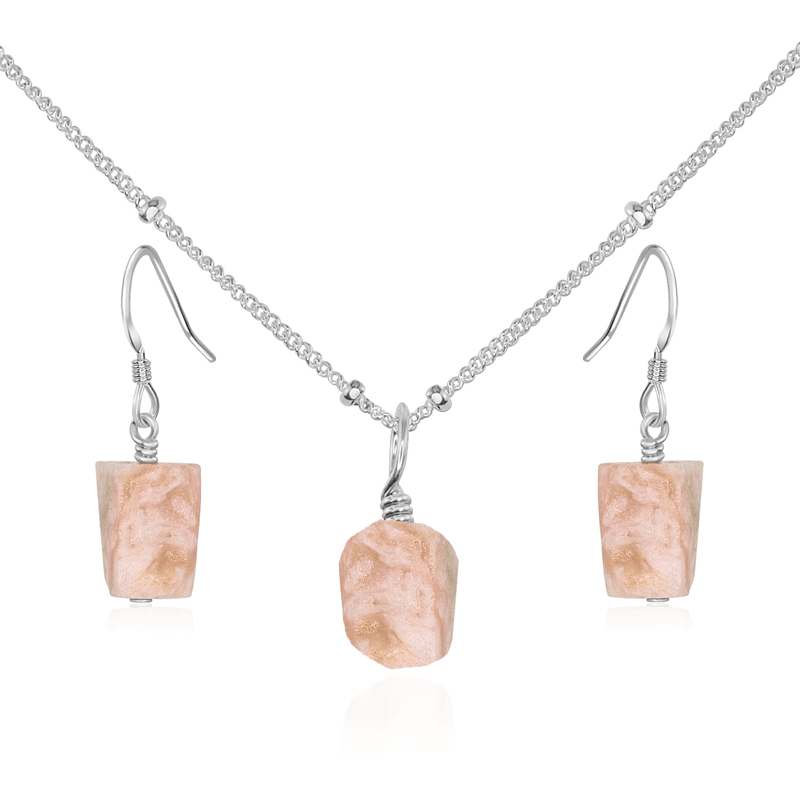 Raw Pink Peruvian Opal Crystal Earrings & Necklace Set - Raw Pink Peruvian Opal Crystal Earrings & Necklace Set - Sterling Silver / Satellite - Luna Tide Handmade Crystal Jewellery