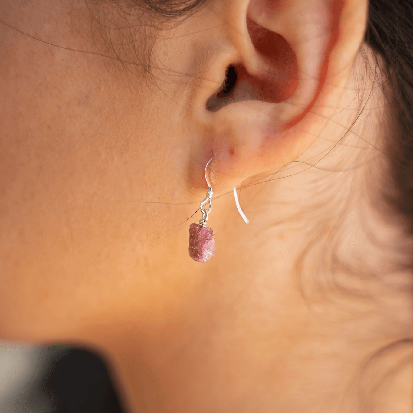 Raw Pink Tourmaline Crystal Dangle Drop Earrings - Raw Pink Tourmaline Crystal Dangle Drop Earrings - Sterling Silver - Luna Tide Handmade Crystal Jewellery