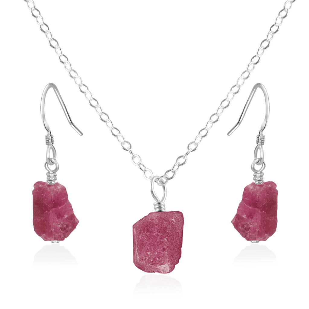 Raw Pink Tourmaline Crystal Jewellery Set - Raw Pink Tourmaline Crystal Jewellery Set - Sterling Silver / Cable / Necklace & Earrings - Luna Tide Handmade Crystal Jewellery