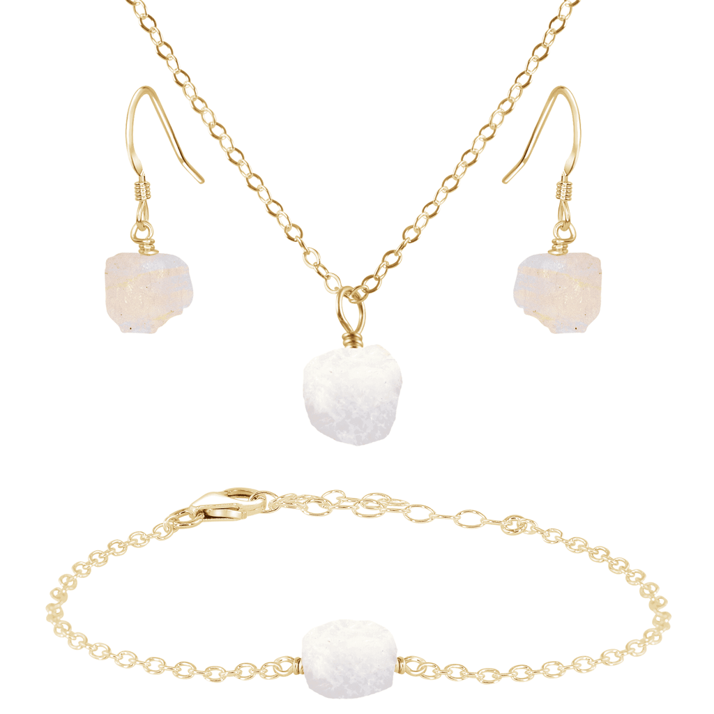 Raw Rainbow Moonstone Crystal Earrings, Necklace & Bracelet Set - Raw Rainbow Moonstone Crystal Earrings, Necklace & Bracelet Set - 14k Gold Fill - Luna Tide Handmade Crystal Jewellery