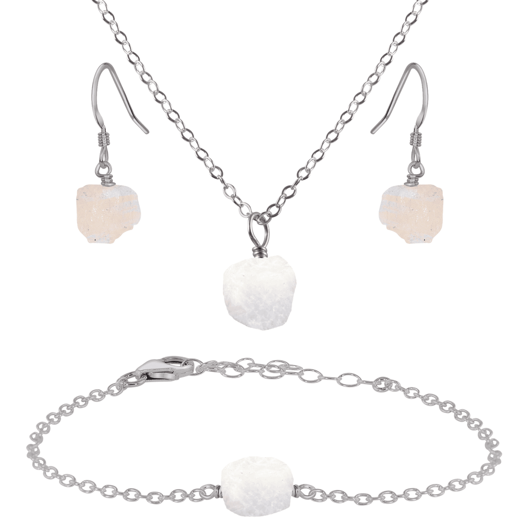 Raw Rainbow Moonstone Crystal Earrings, Necklace & Bracelet Set - Raw Rainbow Moonstone Crystal Earrings, Necklace & Bracelet Set - Stainless Steel - Luna Tide Handmade Crystal Jewellery