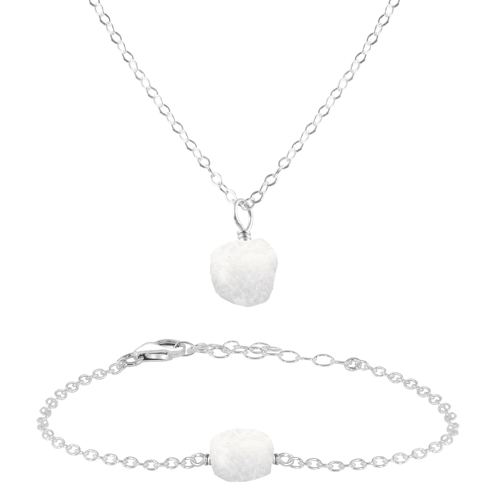 Raw Rainbow Moonstone Crystal Necklace & Bracelet Set - Raw Rainbow Moonstone Crystal Necklace & Bracelet Set - Sterling Silver - Luna Tide Handmade Crystal Jewellery