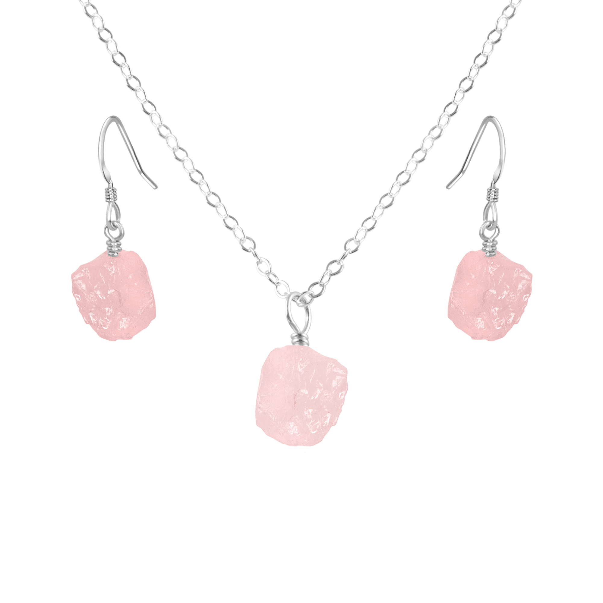 Raw Rose Quartz Crystal Earrings & Necklace Set - Raw Rose Quartz Crystal Earrings & Necklace Set - Sterling Silver / Cable - Luna Tide Handmade Crystal Jewellery