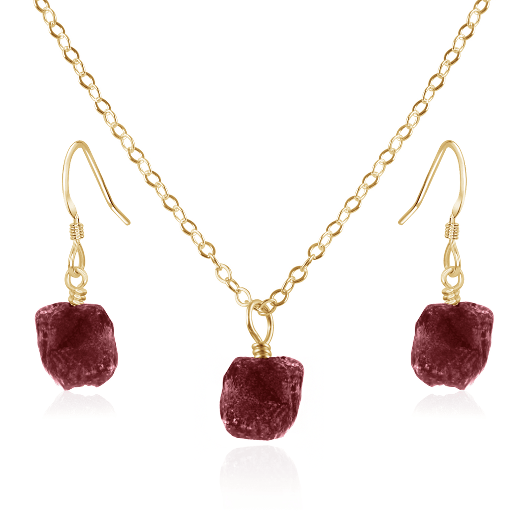 Raw Ruby Crystal Jewellery Set - Raw Ruby Crystal Jewellery Set - 14k Gold Fill / Cable / Necklace & Earrings - Luna Tide Handmade Crystal Jewellery