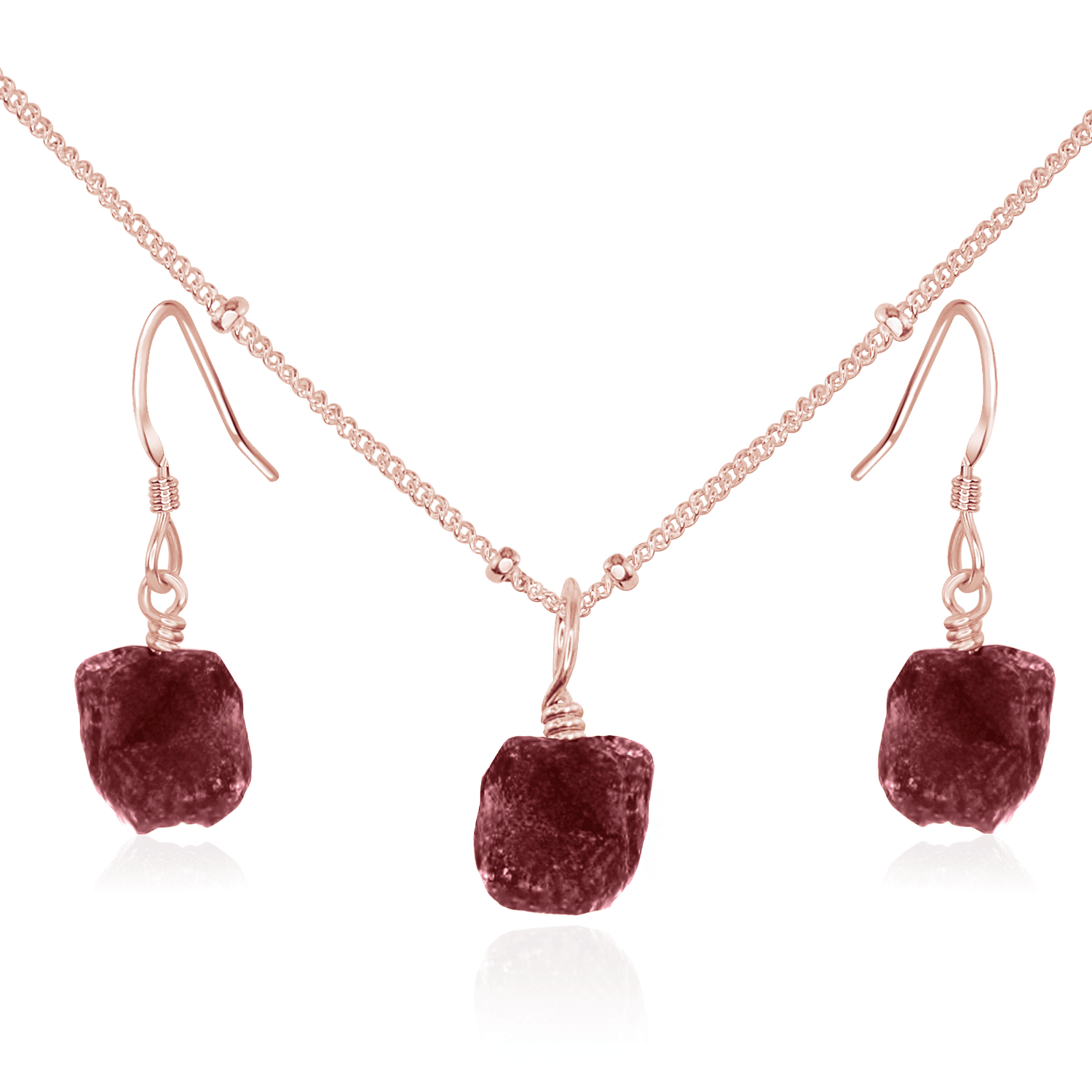 Raw Ruby Crystal Jewellery Set - Raw Ruby Crystal Jewellery Set - 14k Rose Gold Fill / Satellite / Necklace & Earrings - Luna Tide Handmade Crystal Jewellery