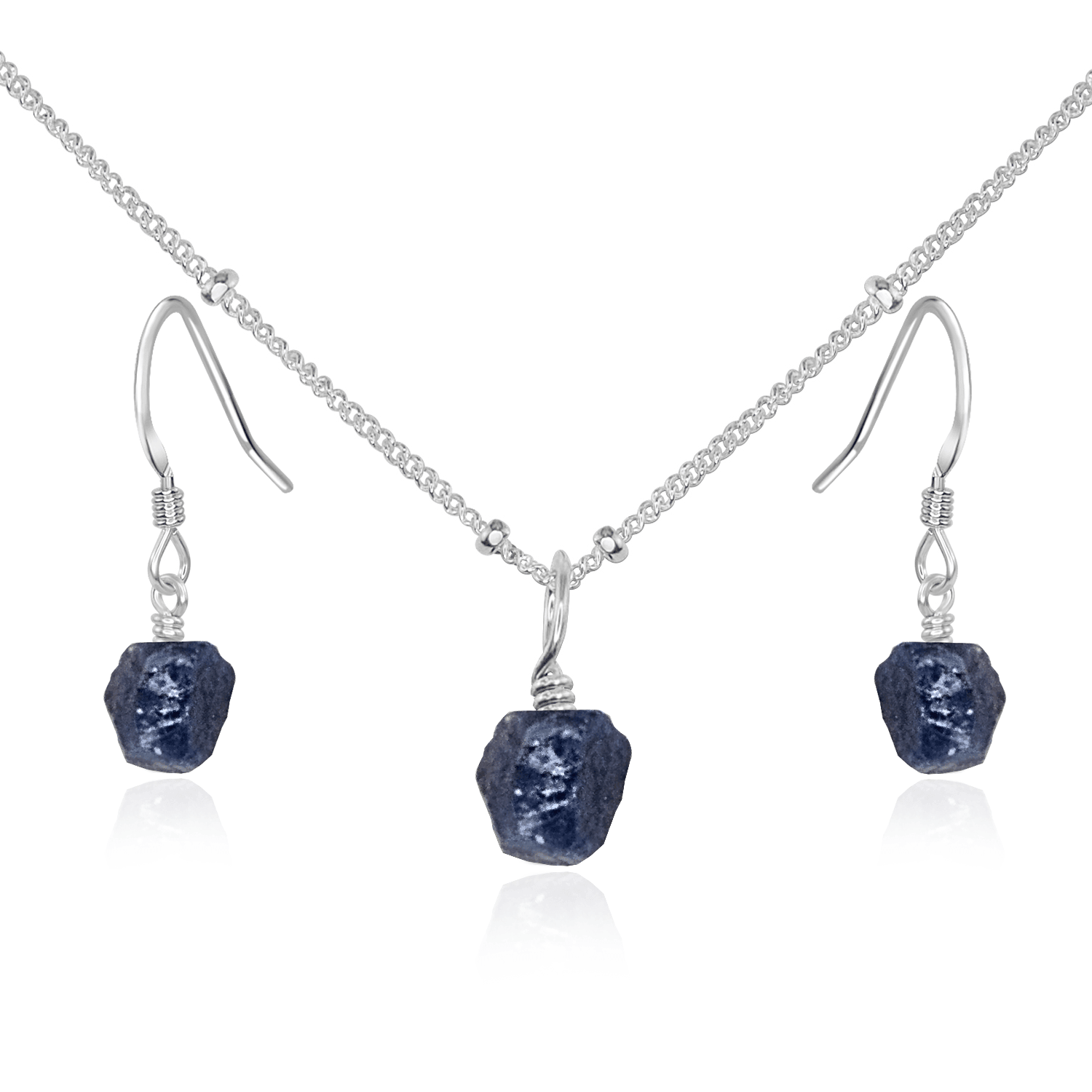 Raw Sapphire Crystal Jewellery Set - Raw Sapphire Crystal Jewellery Set - Sterling Silver / Satellite / Necklace & Earrings - Luna Tide Handmade Crystal Jewellery