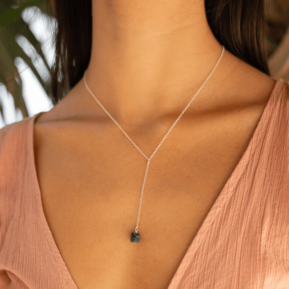 Raw Sapphire Crystal Lariat Necklace - Raw Sapphire Crystal Lariat Necklace - Sterling Silver - Luna Tide Handmade Crystal Jewellery